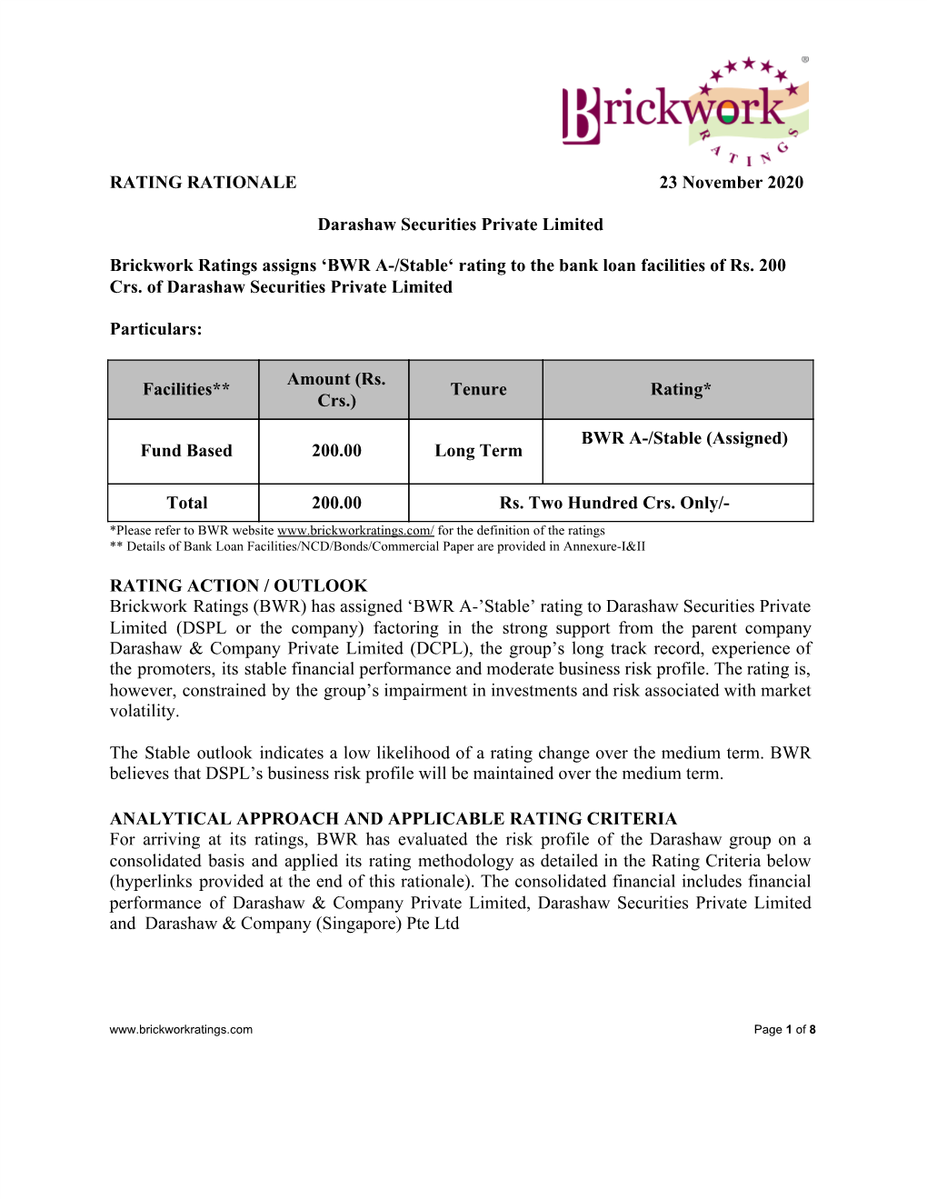 RATING RATIONALE 23 November 2020 Darashaw