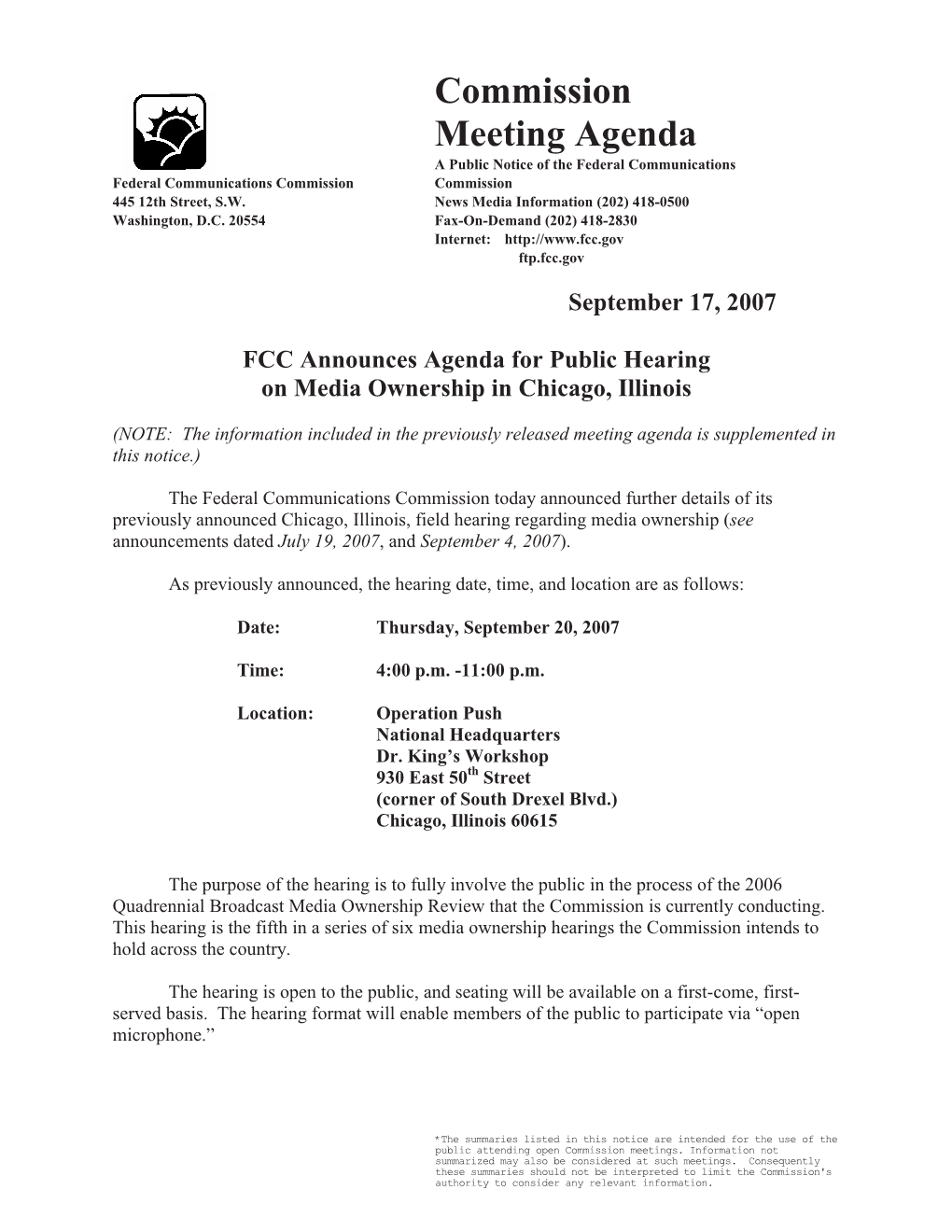 Commission Meeting Agenda a Public Notice of the Federal Communications Federal Communications Commission Commission 445 12Th Street, S.W