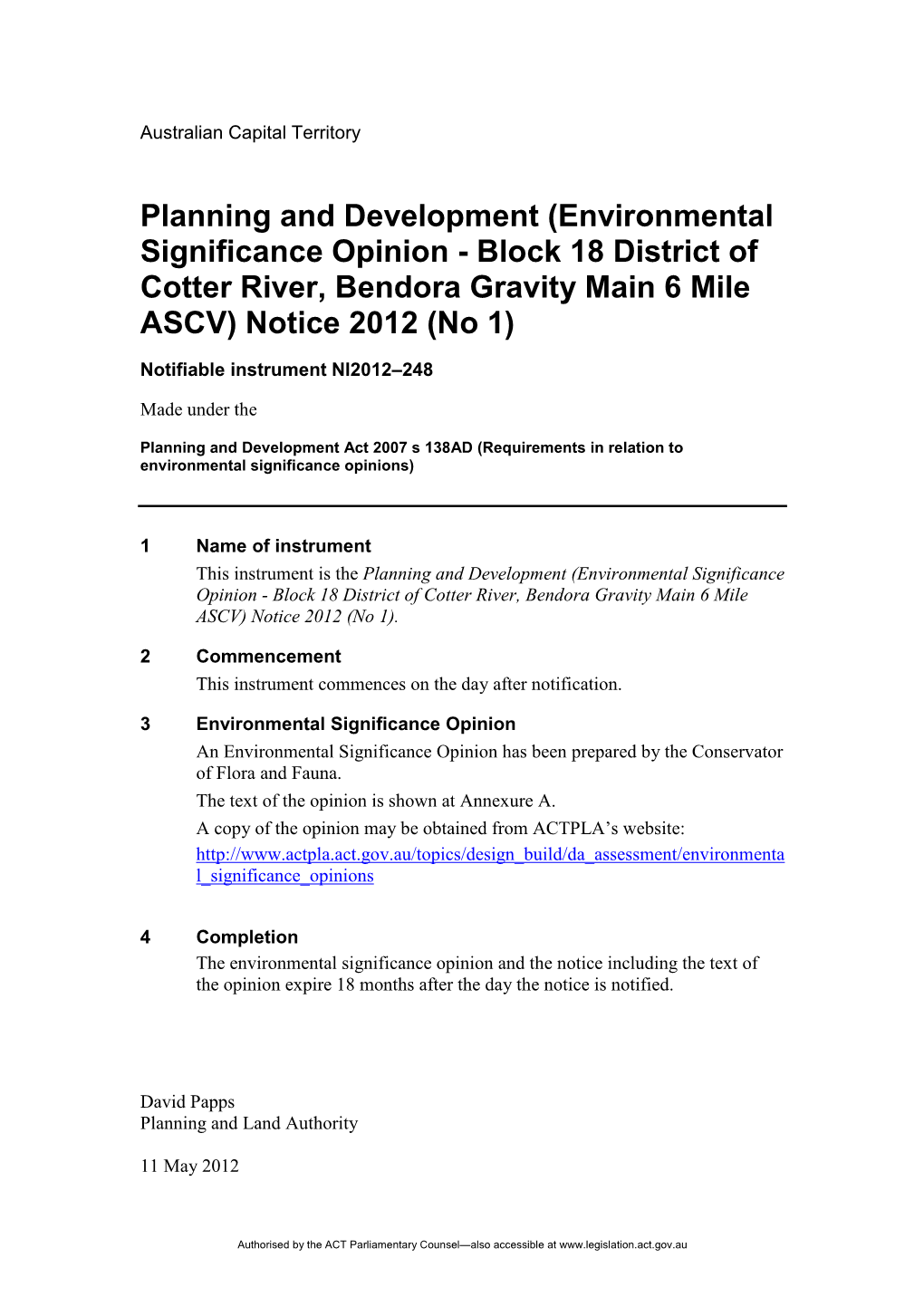 Notifiable Instrument NI2012–248