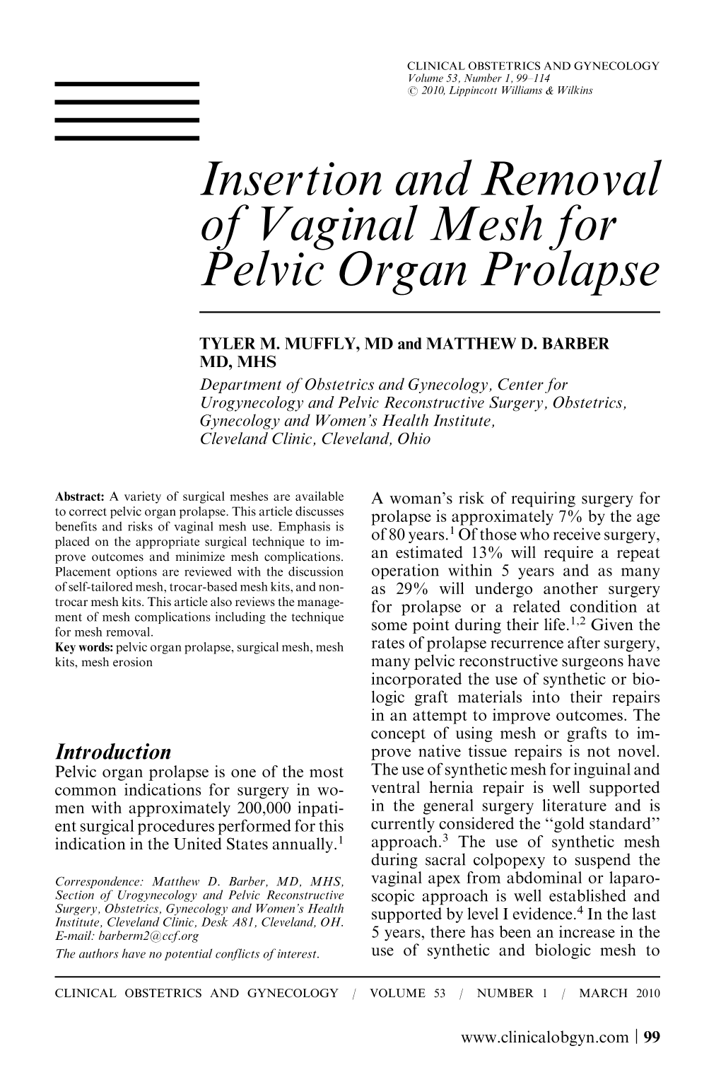 Insertion and Removal of Vaginal Mesh for Pelvic Organ Prolapse
