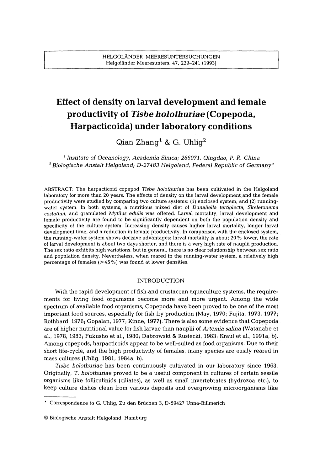 Effect of Density on Larval Development and Female Productivity of Tisbe Holothuriae (Copepoda, Harpacticoida) Under Laboratory Conditions