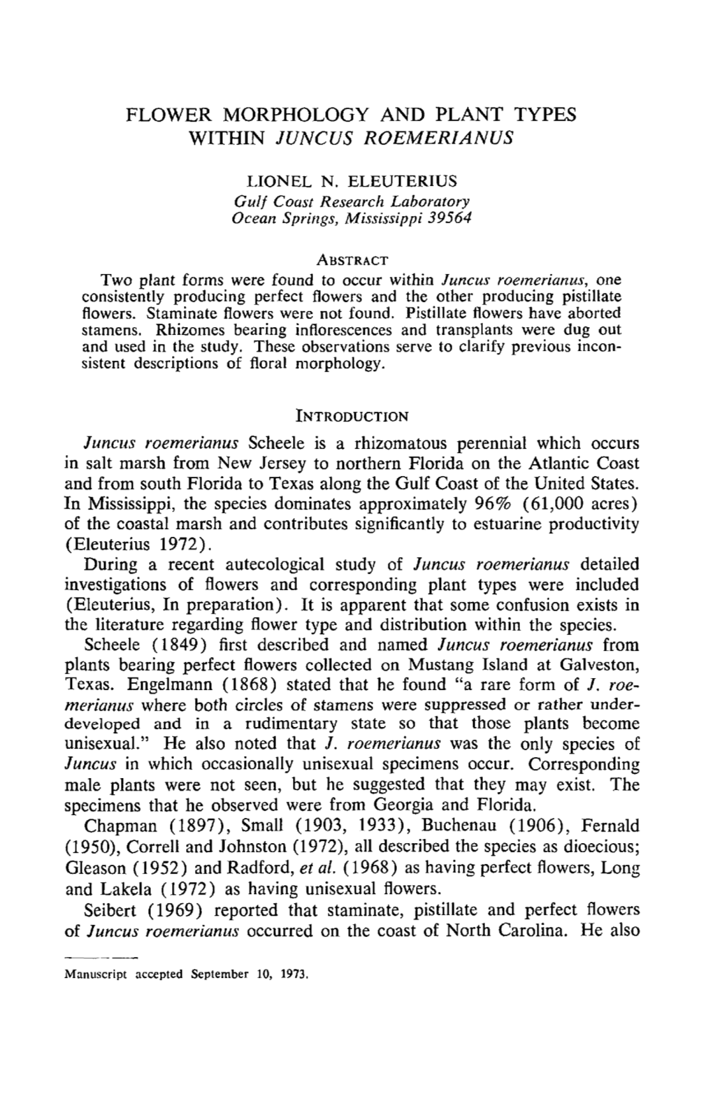 Flower Morphology and Plant Types Within <I>Juncus Roemerianus</I>