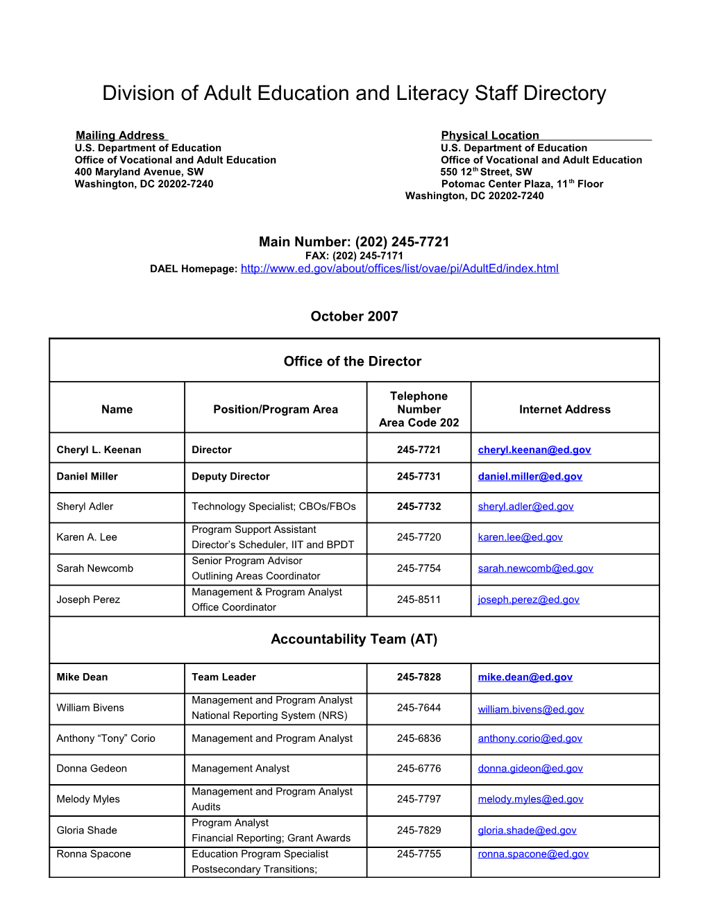 OVAE Division of Adult Education and Literacy Staff Directory (MS Word)