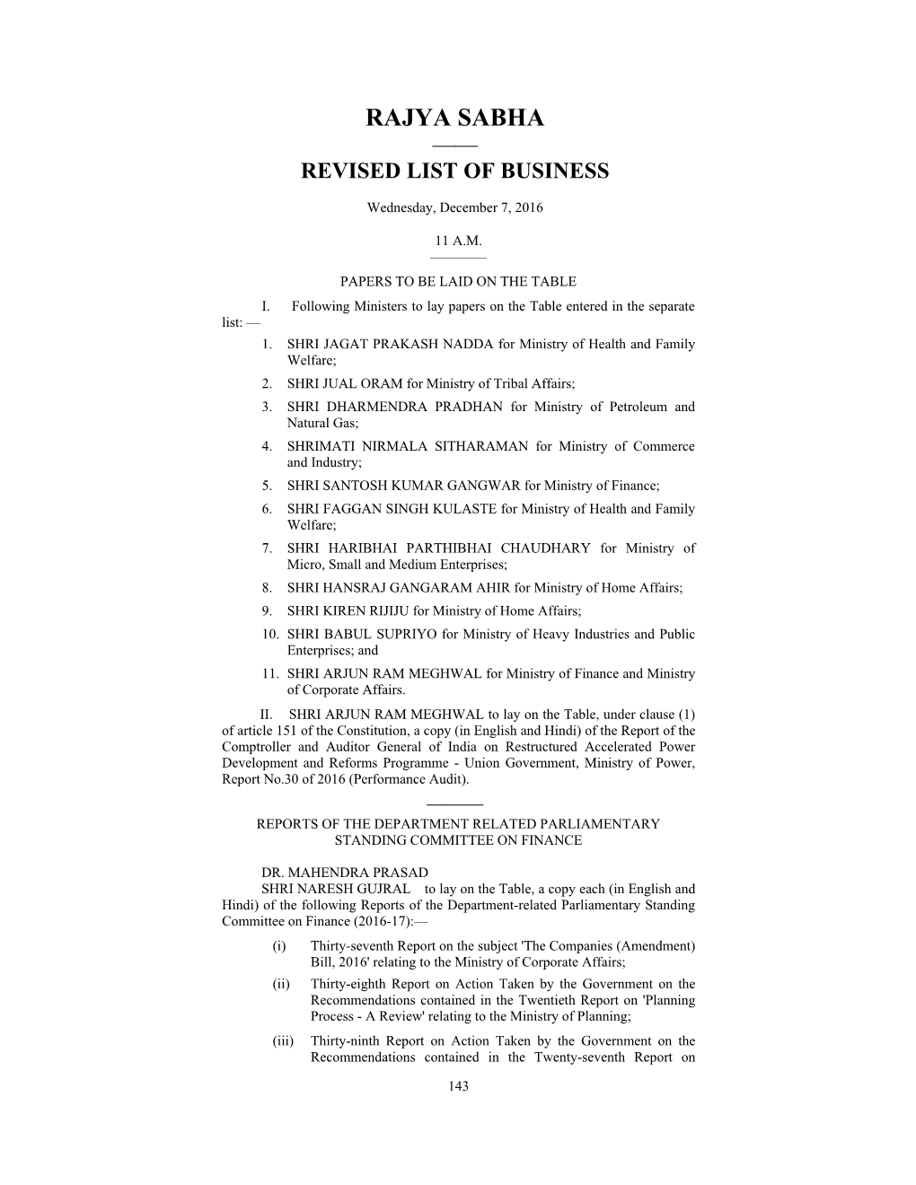 Rajya Sabha —— Revised List of Business