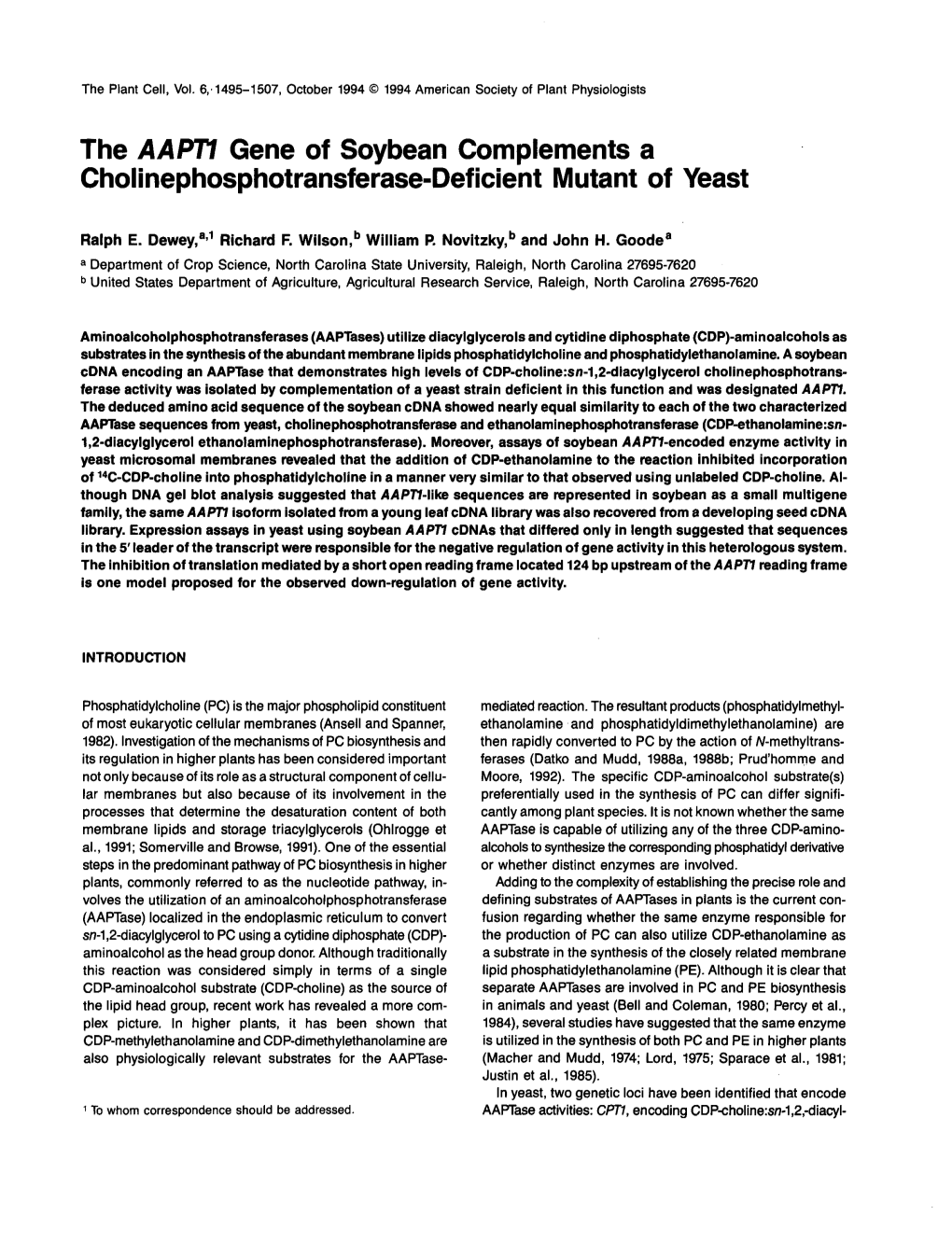 The Aaptl Gene of Soybean Complements a Cholinephosphotransferase-Deficient Mutant of Yeast