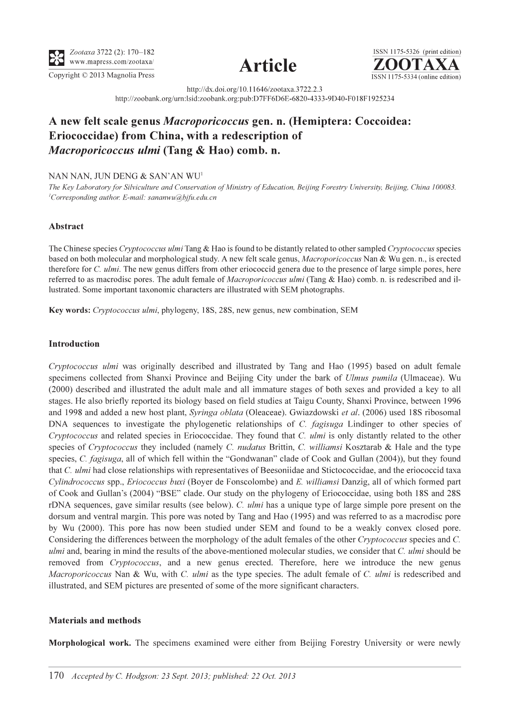 Hemiptera: Coccoidea: Eriococcidae) from China, with a Redescription of Macroporicoccus Ulmi (Tang & Hao) Comb