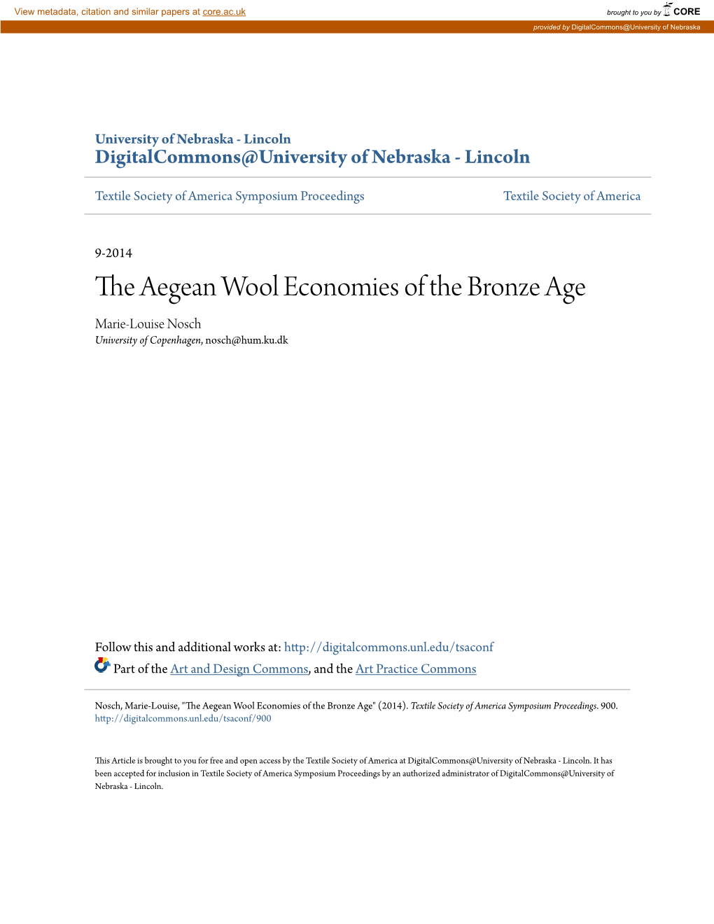 The Aegean Wool Economies of the Bronze Age Marie-Louise Nosch University of Copenhagen, Nosch@Hum.Ku.Dk