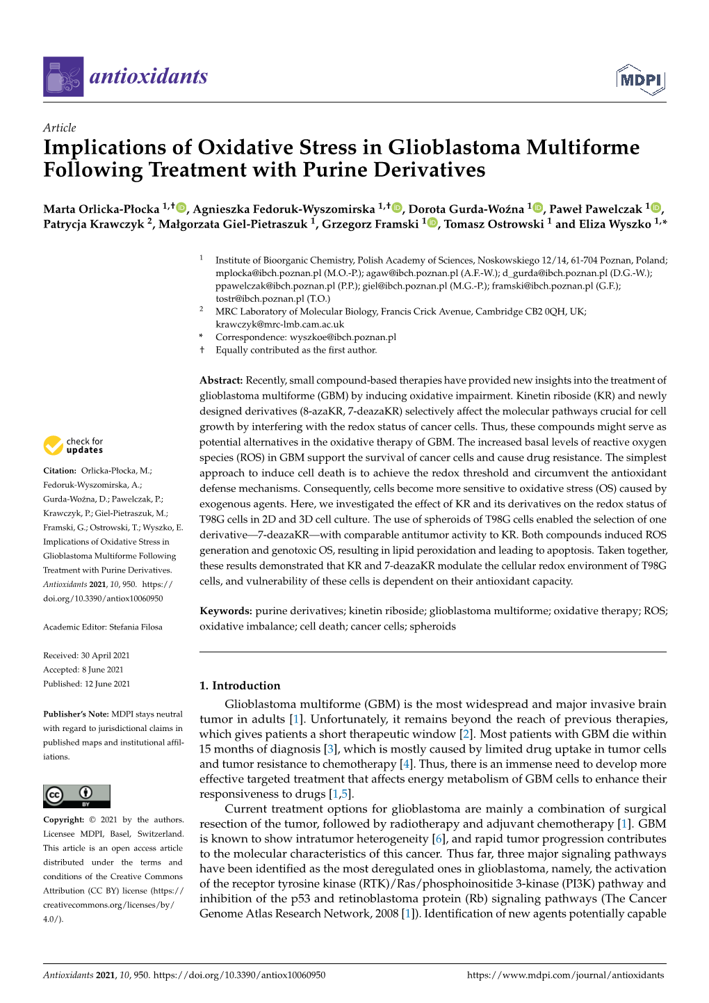 Implications of Oxidative Stress in Glioblastoma Multiforme Following Treatment with Purine Derivatives