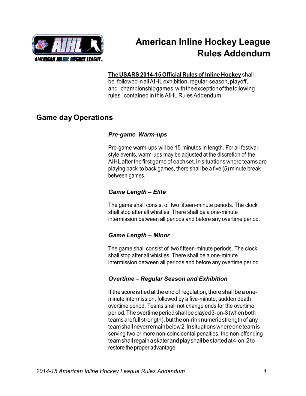 American Inline Hockey League Rules Addendum