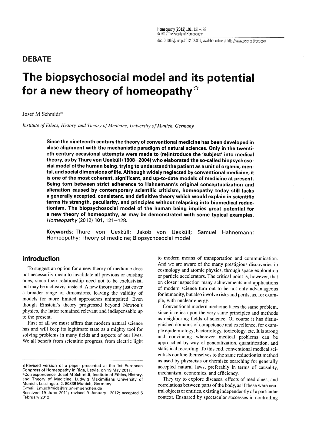 The Biopsychosocial Model and Its Potential for a New Theory of Homeopathy*