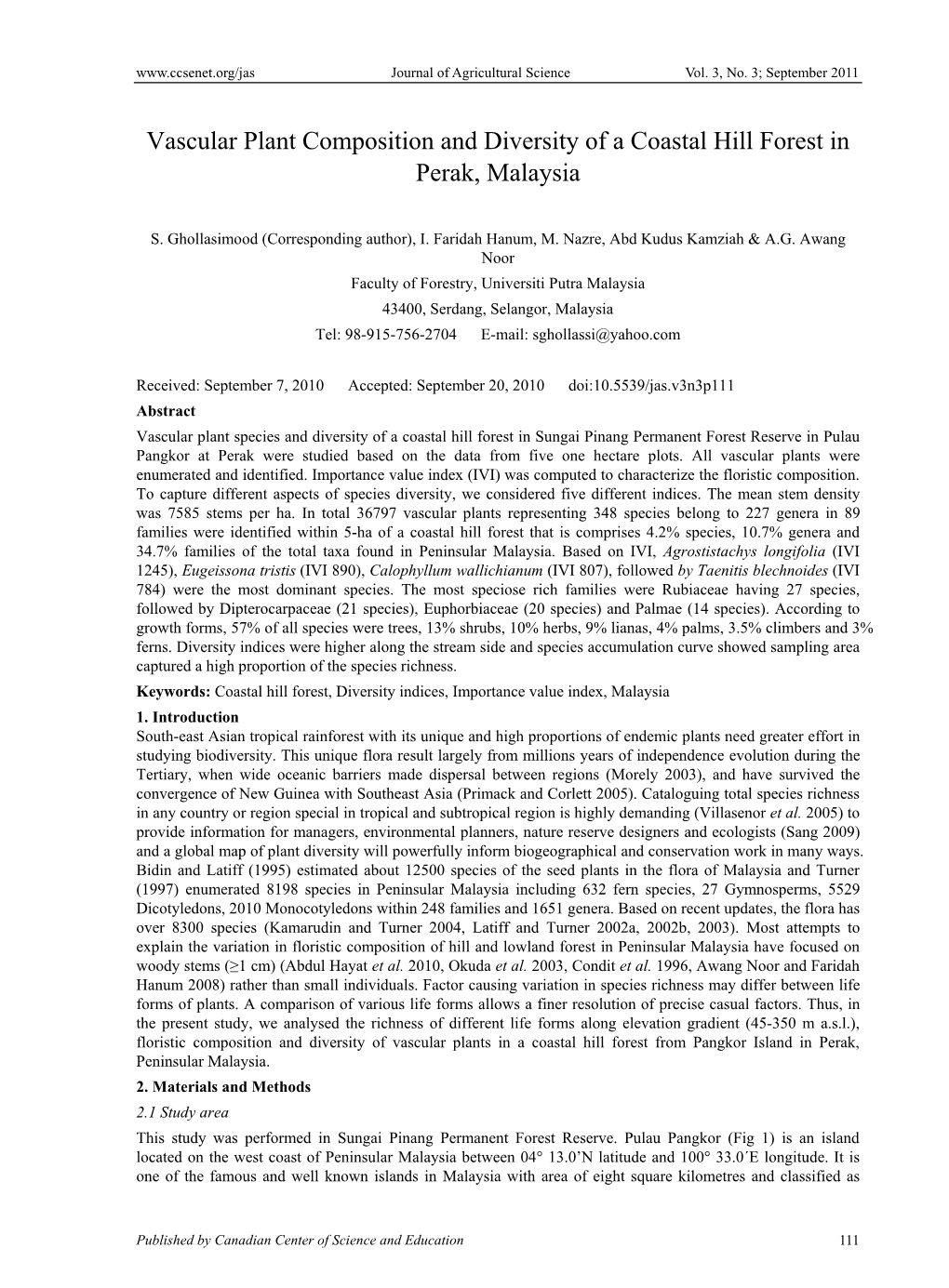 Vascular Plant Composition and Diversity of a Coastal Hill Forest in Perak, Malaysia