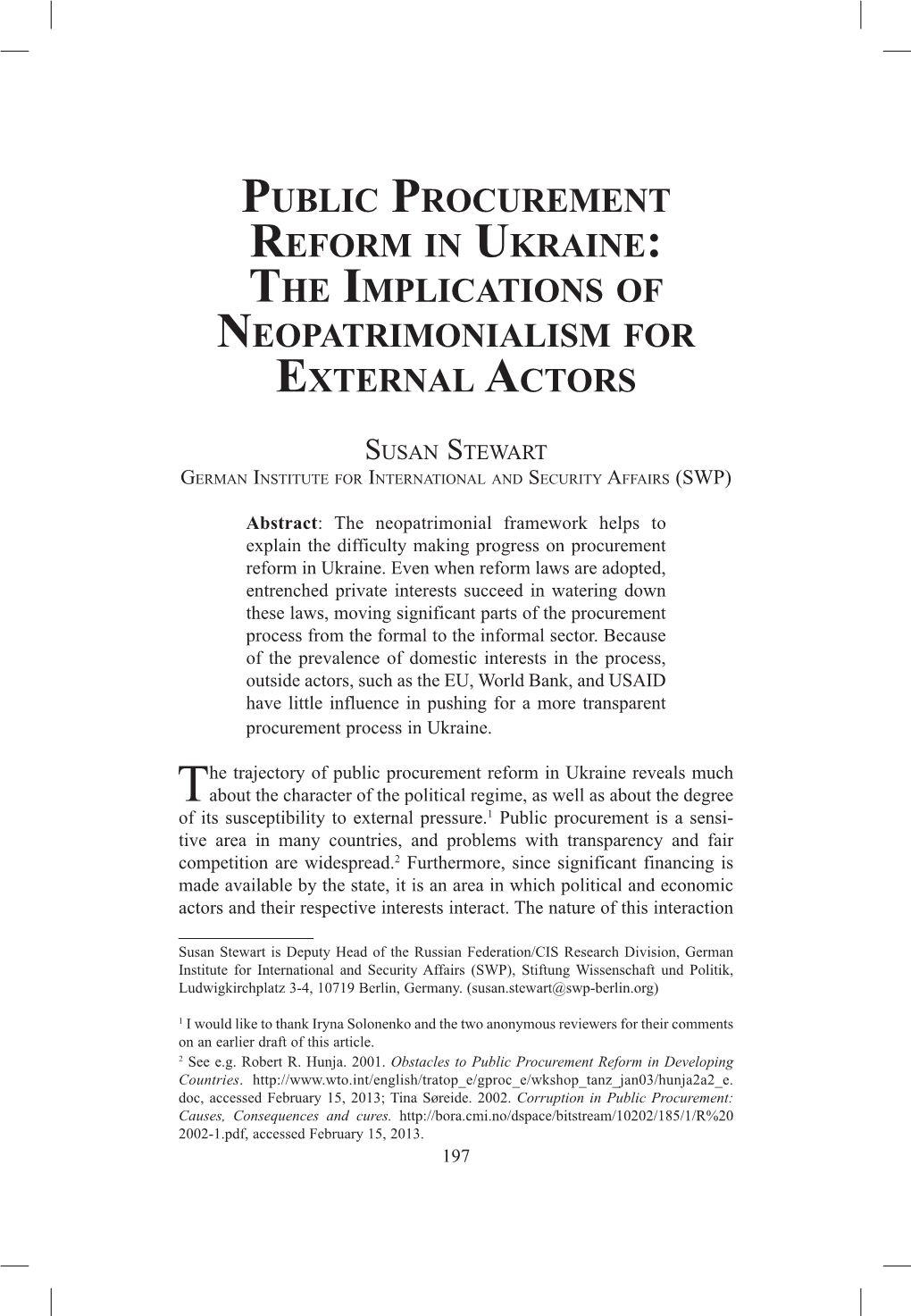 Public Procurement Reform in Ukraine: the Implications of Neopatrimonialism for External Actors