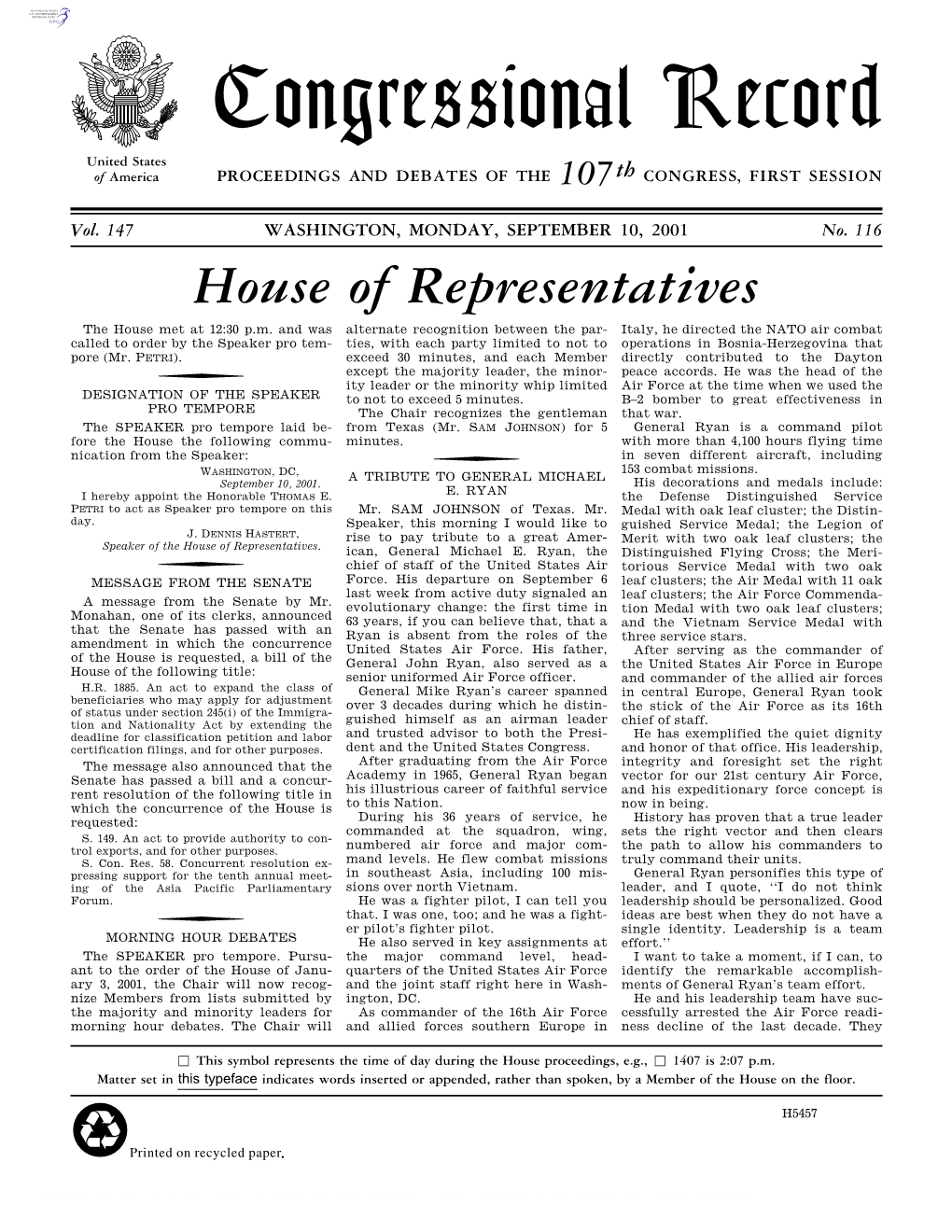 Congressional Record United States of America PROCEEDINGS and DEBATES of the 107Th CONGRESS, FIRST SESSION