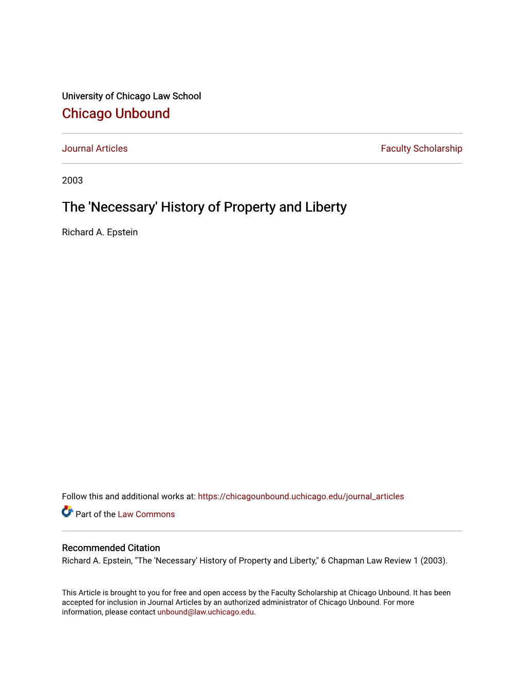 The 'Necessary' History of Property and Liberty