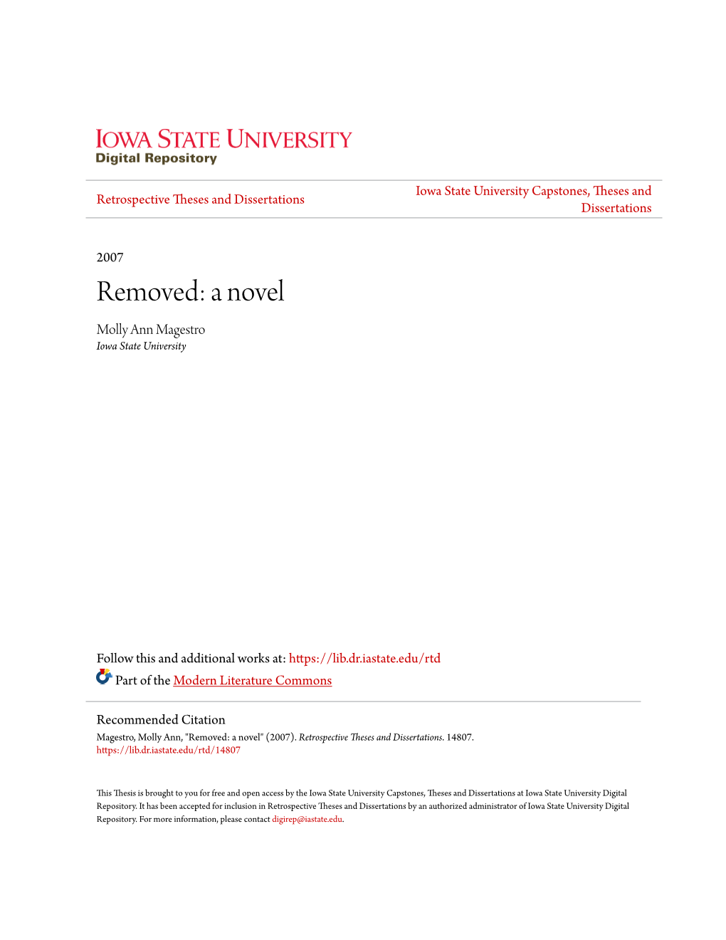 Removed: a Novel Molly Ann Magestro Iowa State University