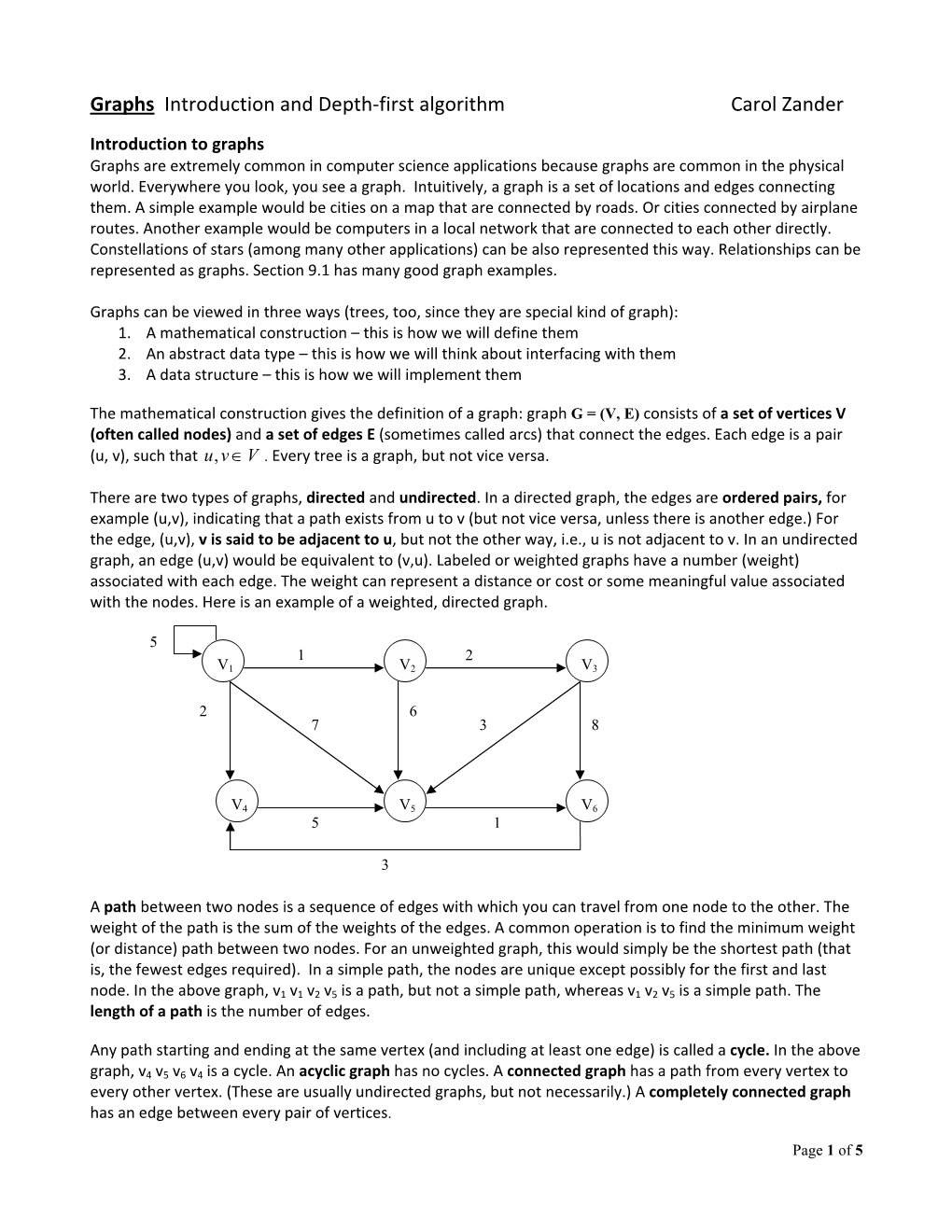 Graphs Introduction and Depth-First Algorithm Carol Zander