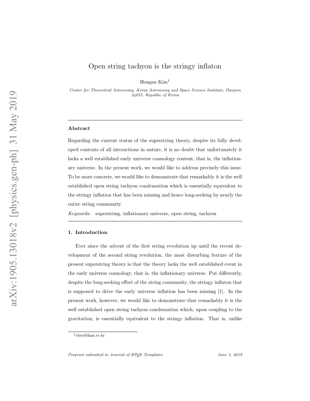 Open String Tachyon Is the Stringy Inflaton