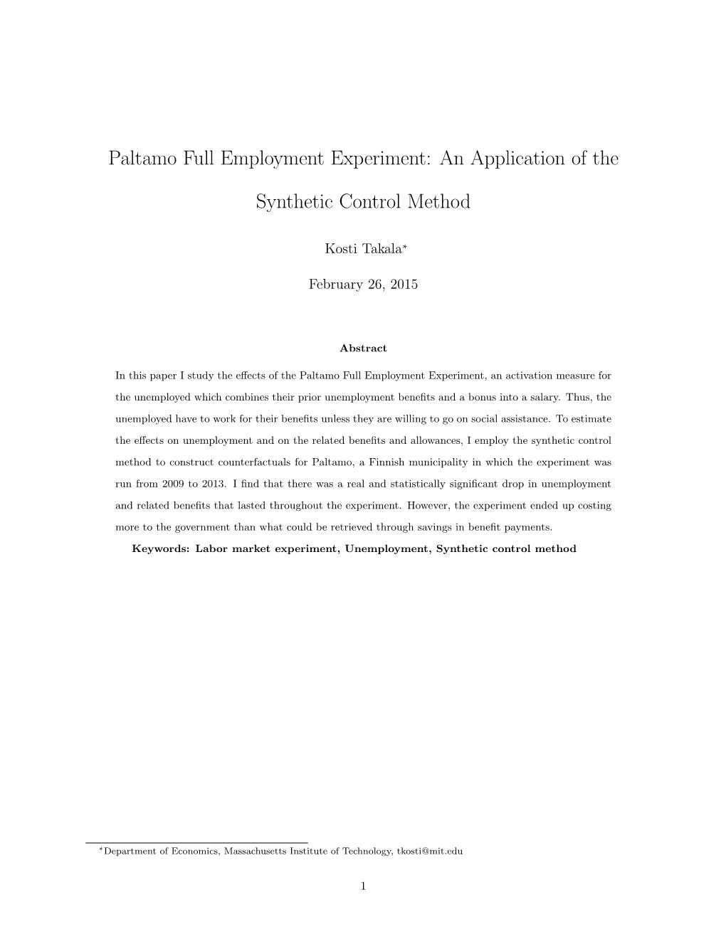 Paltamo Full Employment Experiment: an Application of The