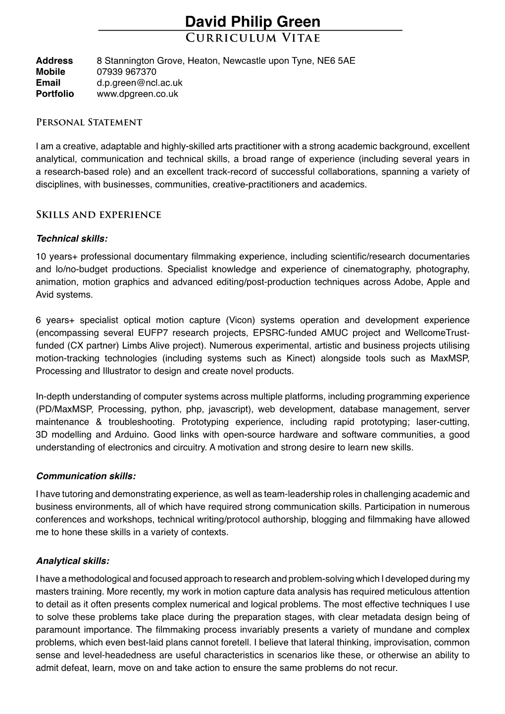 David Philip Green Curriculum Vitae