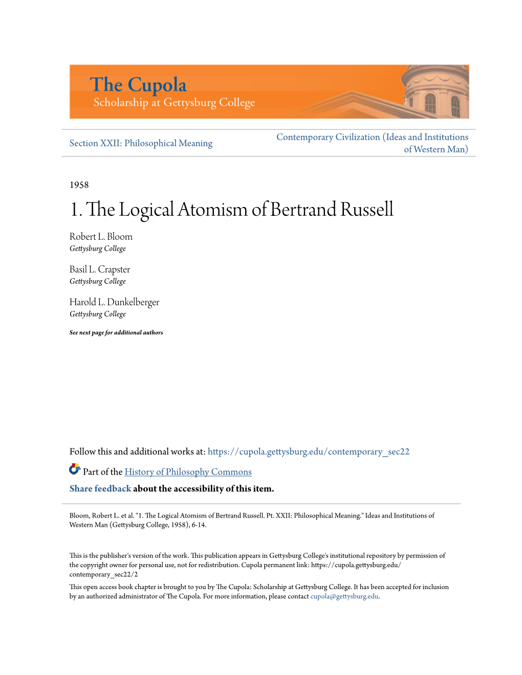 1. the Logical Atomism of Bertrand Russell Robert L