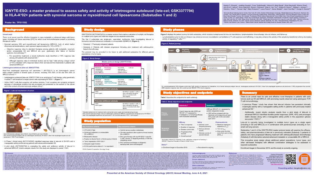 IGNYTE-ESO: a Master Protocol to Assess Safety and Activity of Letetresgene Autoleucel (Lete-Cel; GSK3377794) Victoria L