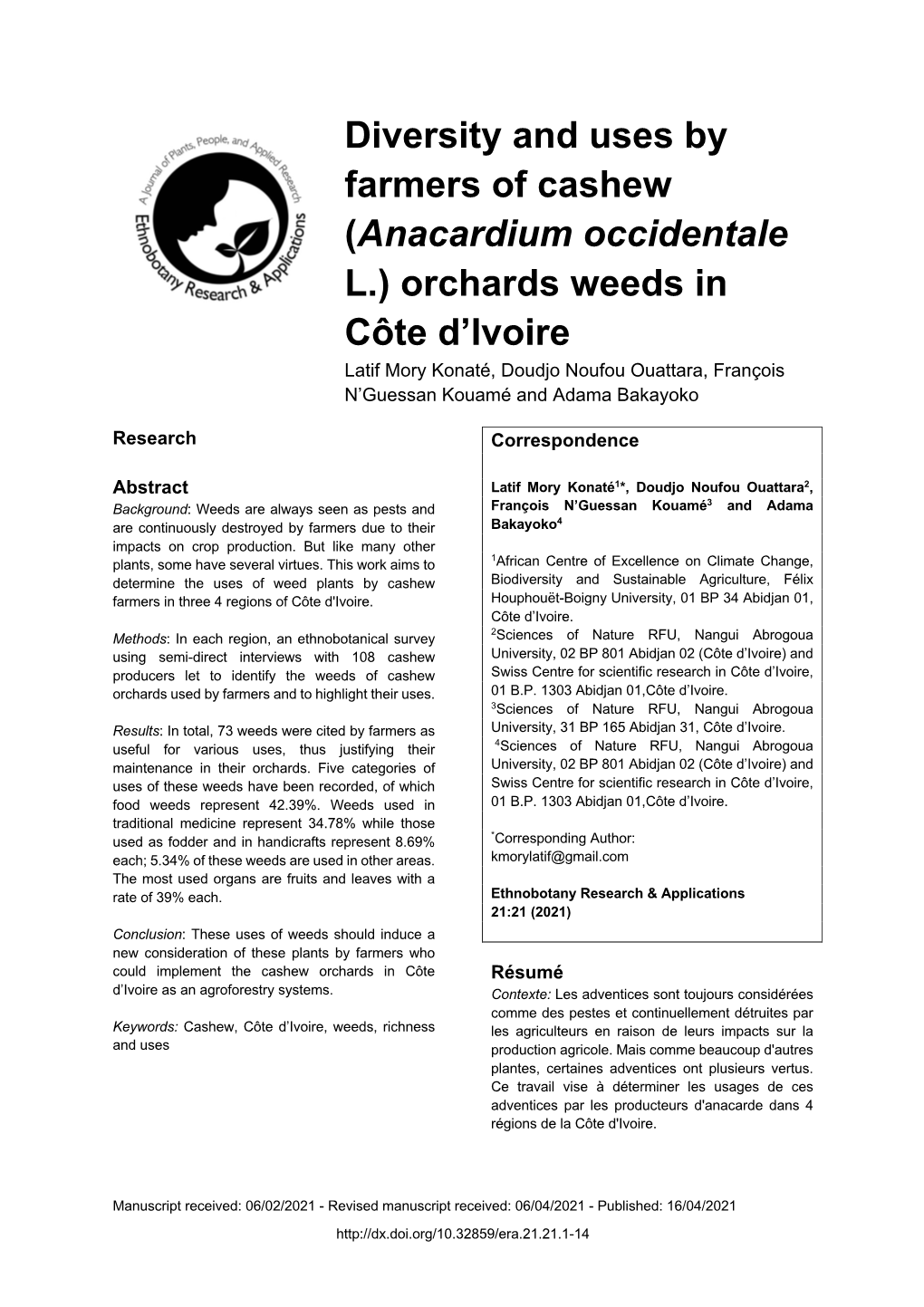 (Anacardium Occidentale L.) Orchards Weeds in Côte D'ivoire