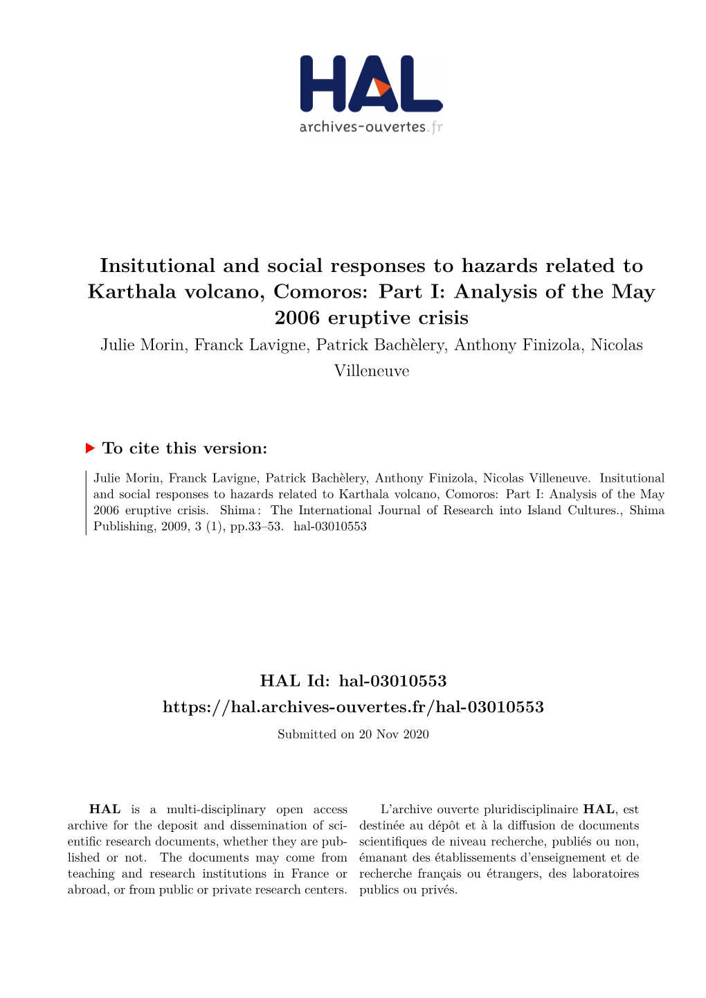 Insitutional and Social Responses to Hazards Related to Karthala Volcano, Comoros: Part I: Analysis of the May 2006 Eruptive