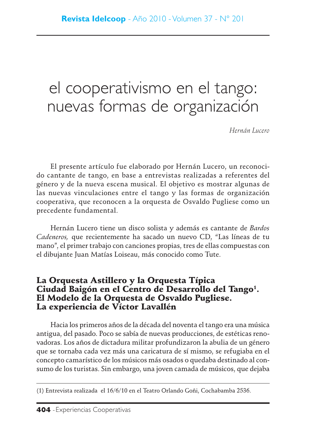 El Cooperativismo En El Tango: Nuevas Formas De Organización