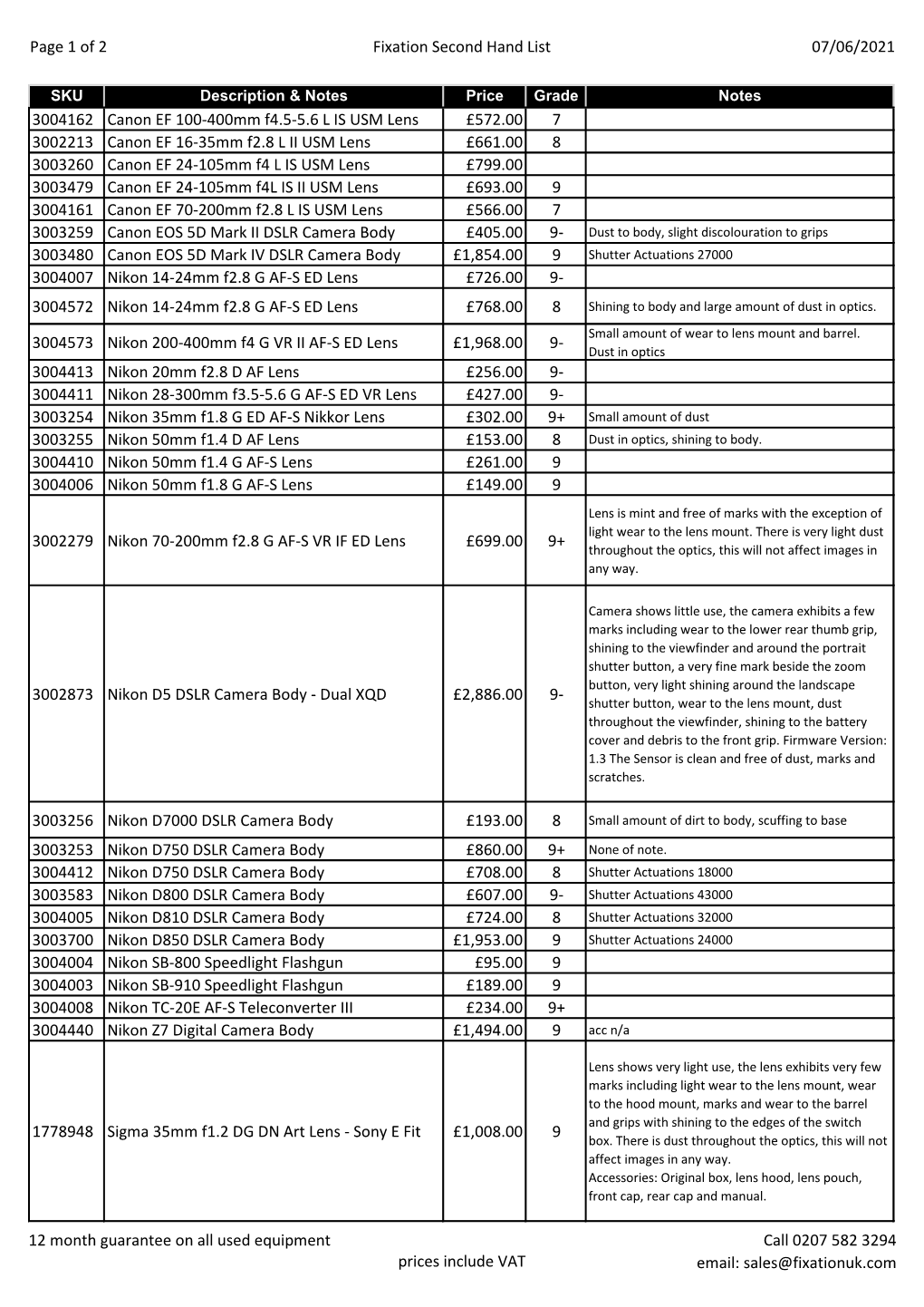 Page 1 of 2 Fixation Second Hand List 07/06/2021 3004162 Canon EF