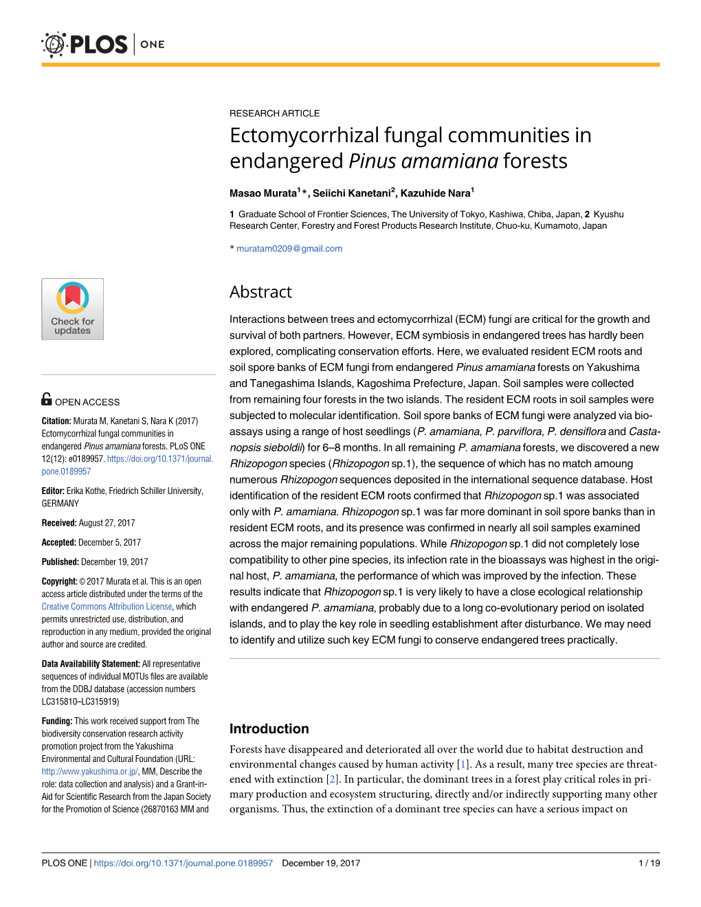 Ectomycorrhizal Fungal Communities in Endangered Pinus Amamiana Forests