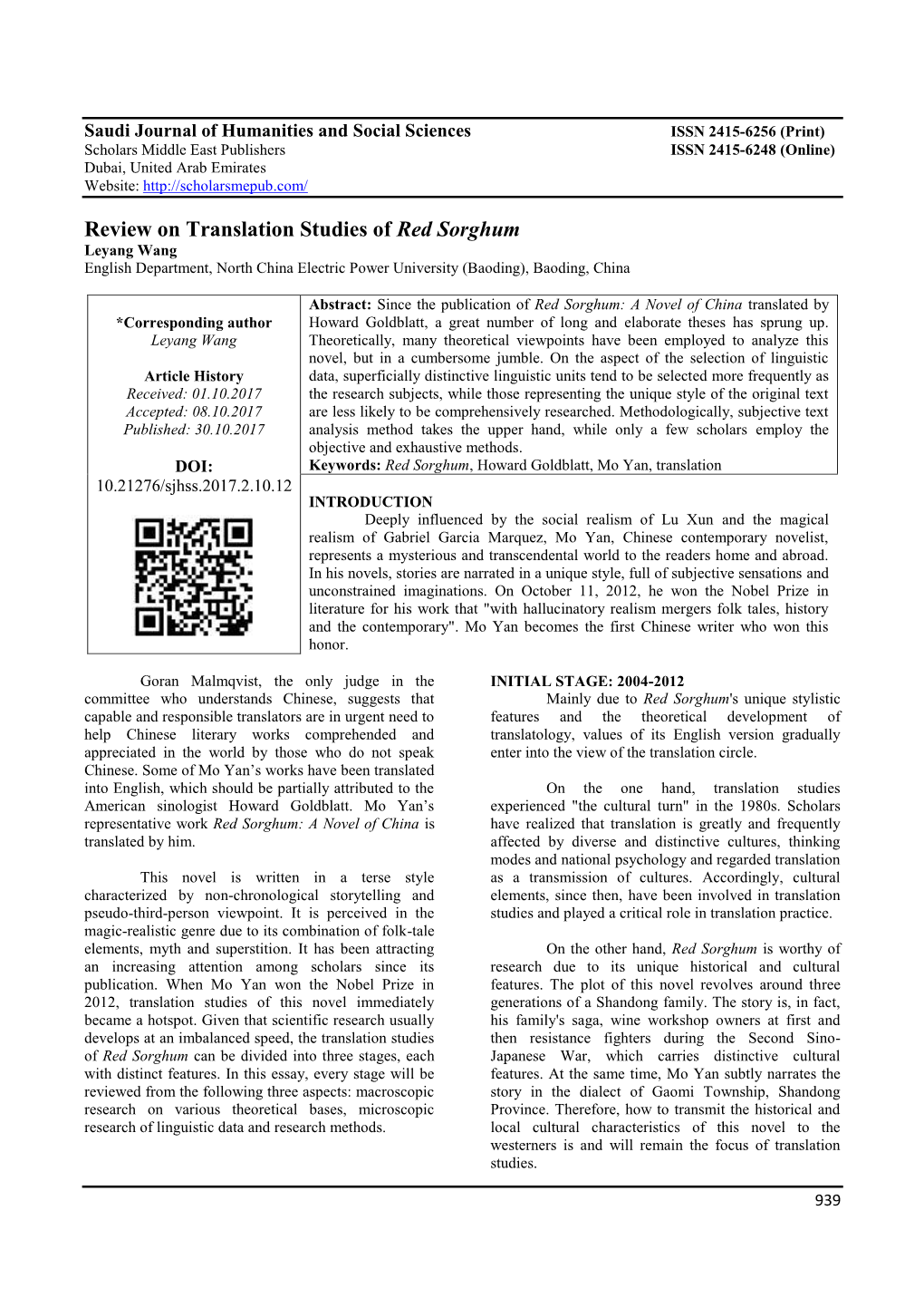 Review on Translation Studies of Red Sorghum Leyang Wang English Department, North China Electric Power University (Baoding), Baoding, China