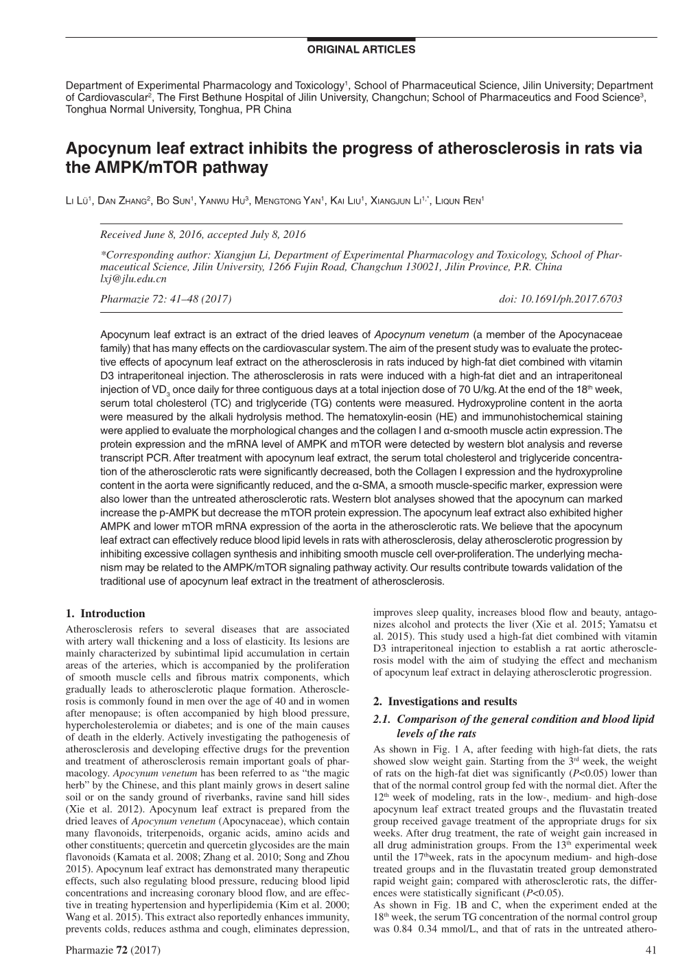 Apocynum Leaf Extract Inhibits the Progress of Atherosclerosis in Rats Via the AMPK/Mtor Pathway