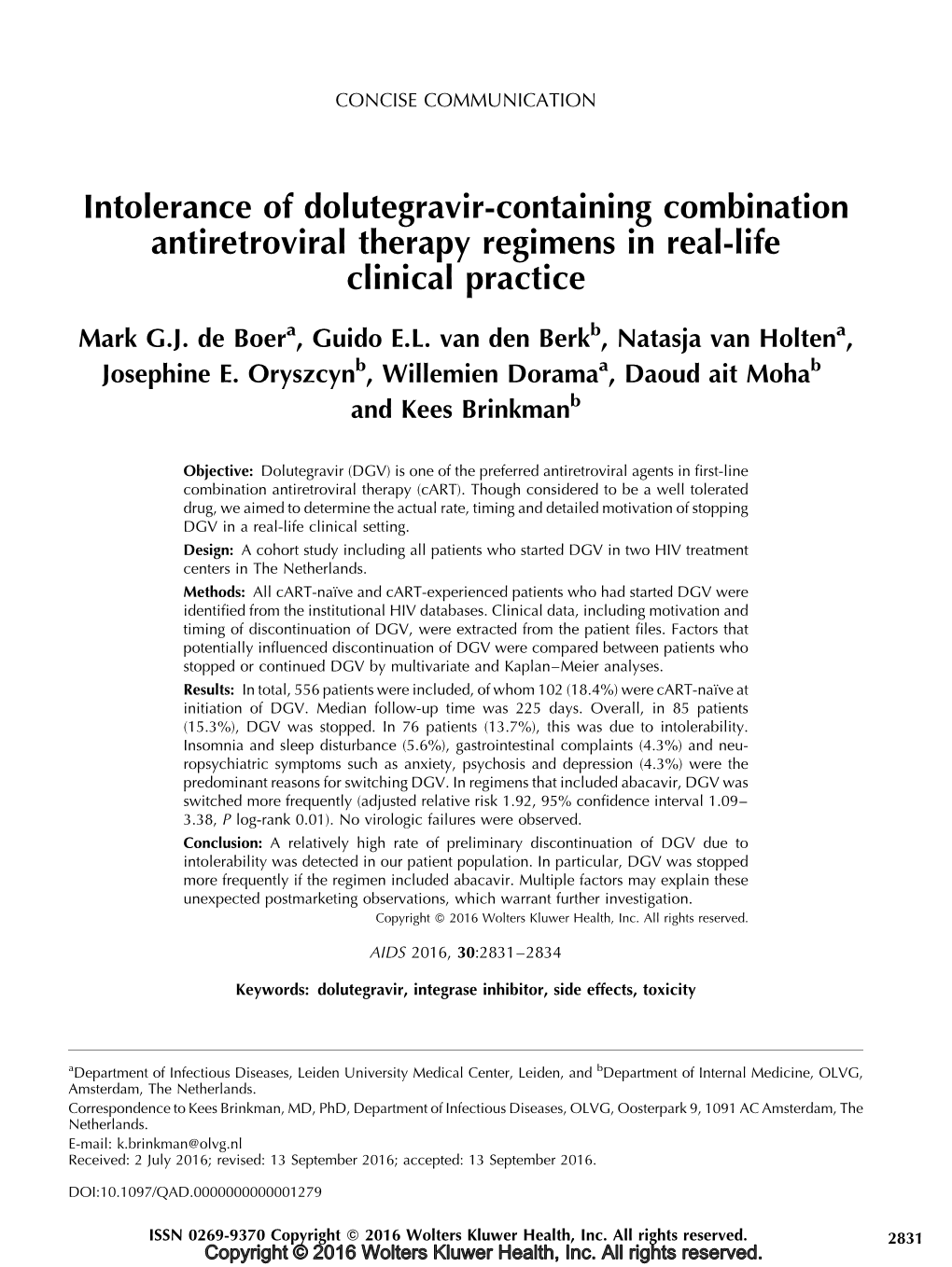 Intolerance of Dolutegravir-Containing Combination Antiretroviral Therapy Regimens in Real-Life Clinical Practice
