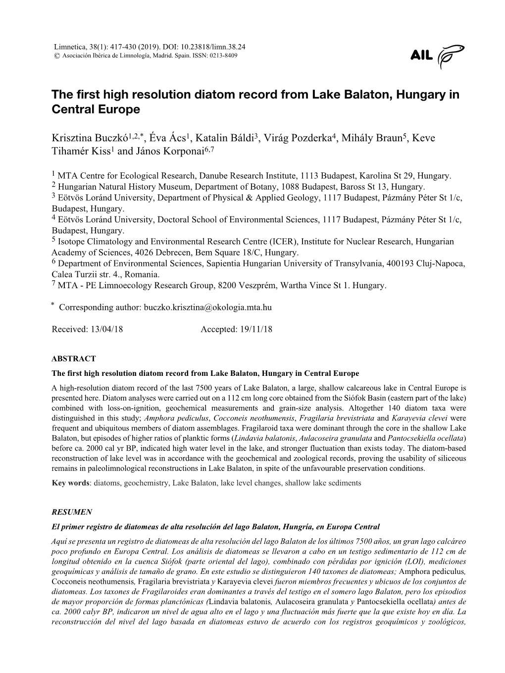 The First High Resolution Diatom Record from Lake Balaton, Hungary in Central Europe