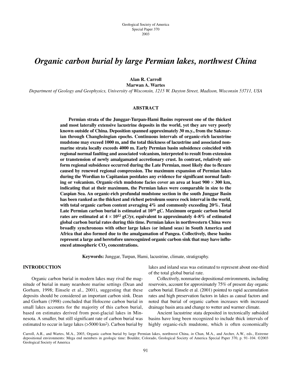 Organic Carbon Burial by Large Permian Lakes, Northwest China