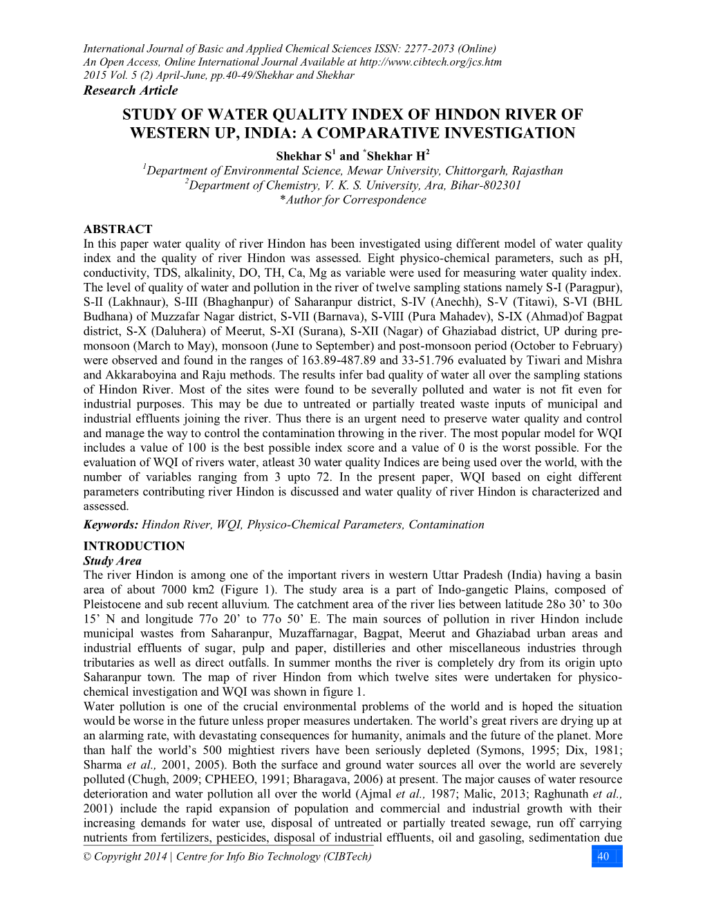 Study of Water Quality Index of Hindon River Of