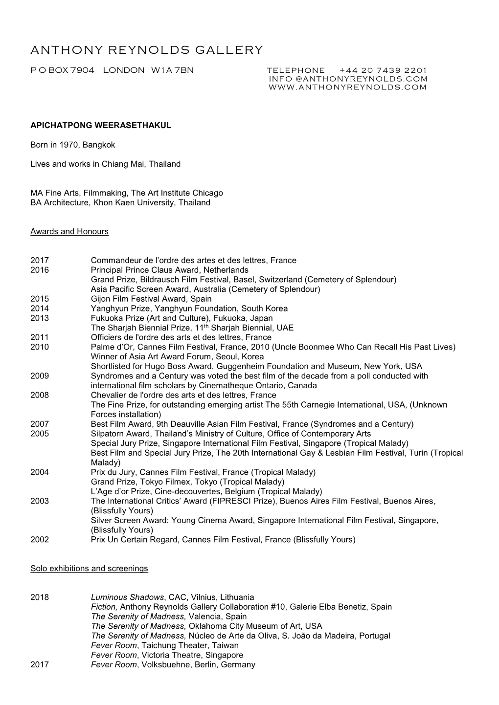 Apichatpong Weerasethakul CV