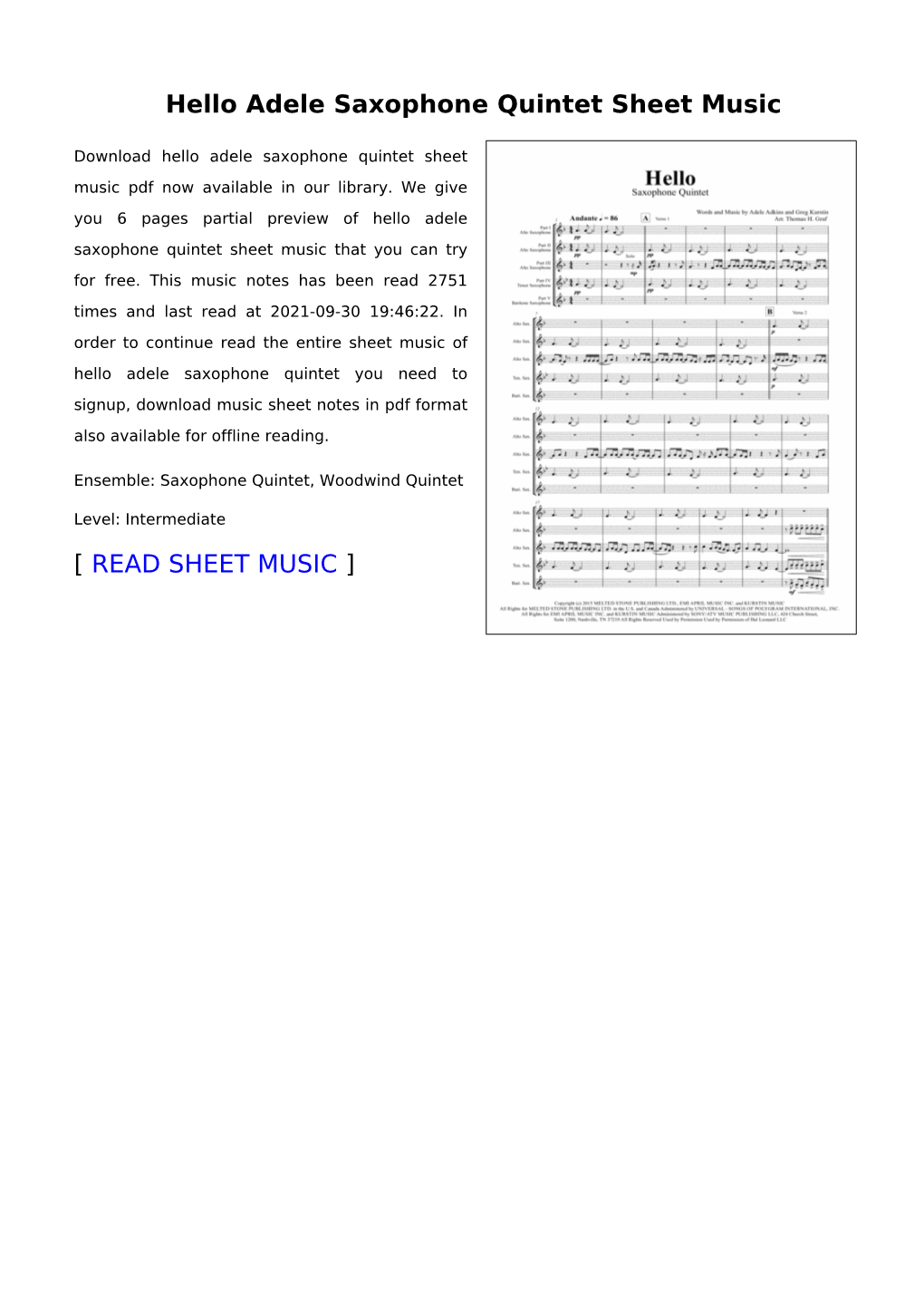 Hello Adele Saxophone Quintet Sheet Music