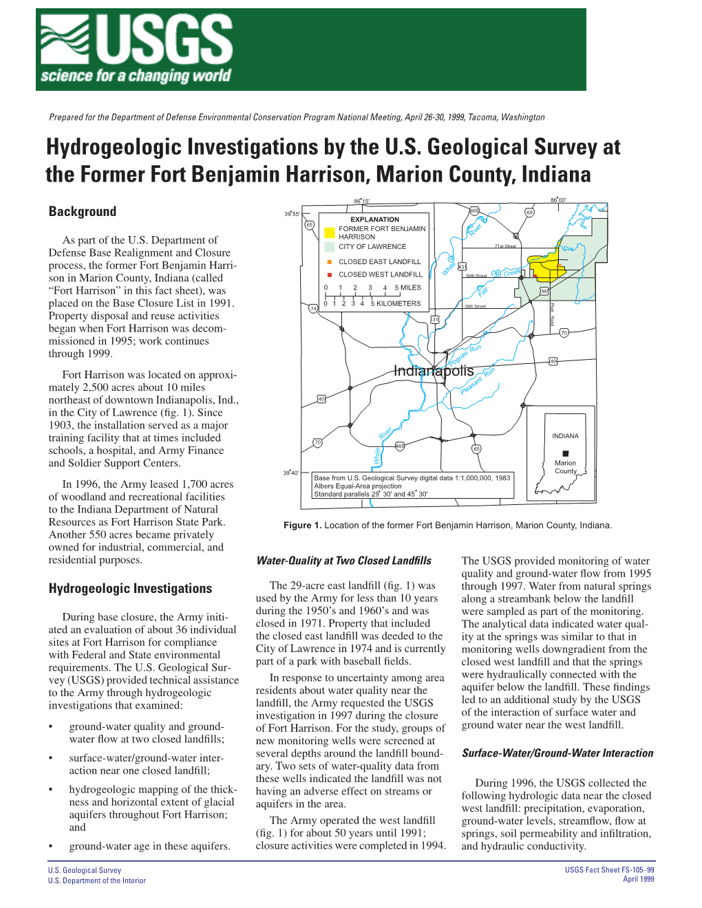Hydrogeologic Investigations by the U.S. Geological Survey at the Former Fort Benjamin Harrison, Marion County, Indiana