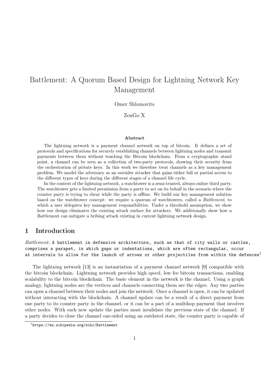 Battlement: a Quorum Based Design for Lightning Network Key Management