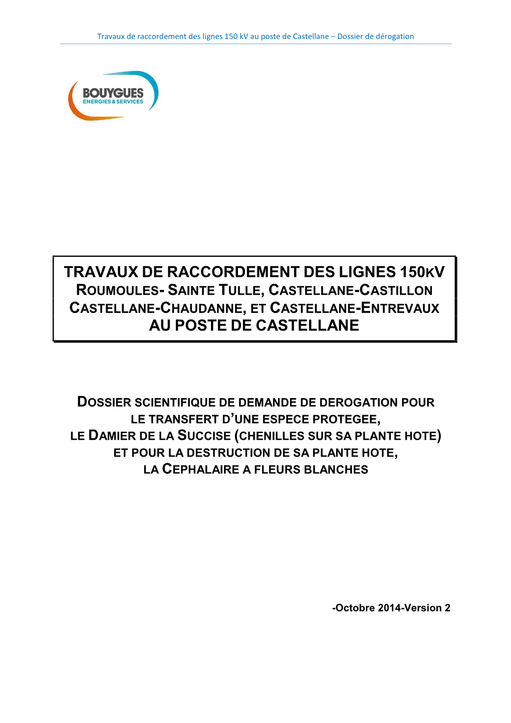 Travaux De Raccordement Des Lignes 150Kv Roumoules- Sainte Tulle, Castellane-Castillon Castellane-Chaudanne, Et Castellane-Entrevaux Au Poste De Castellane