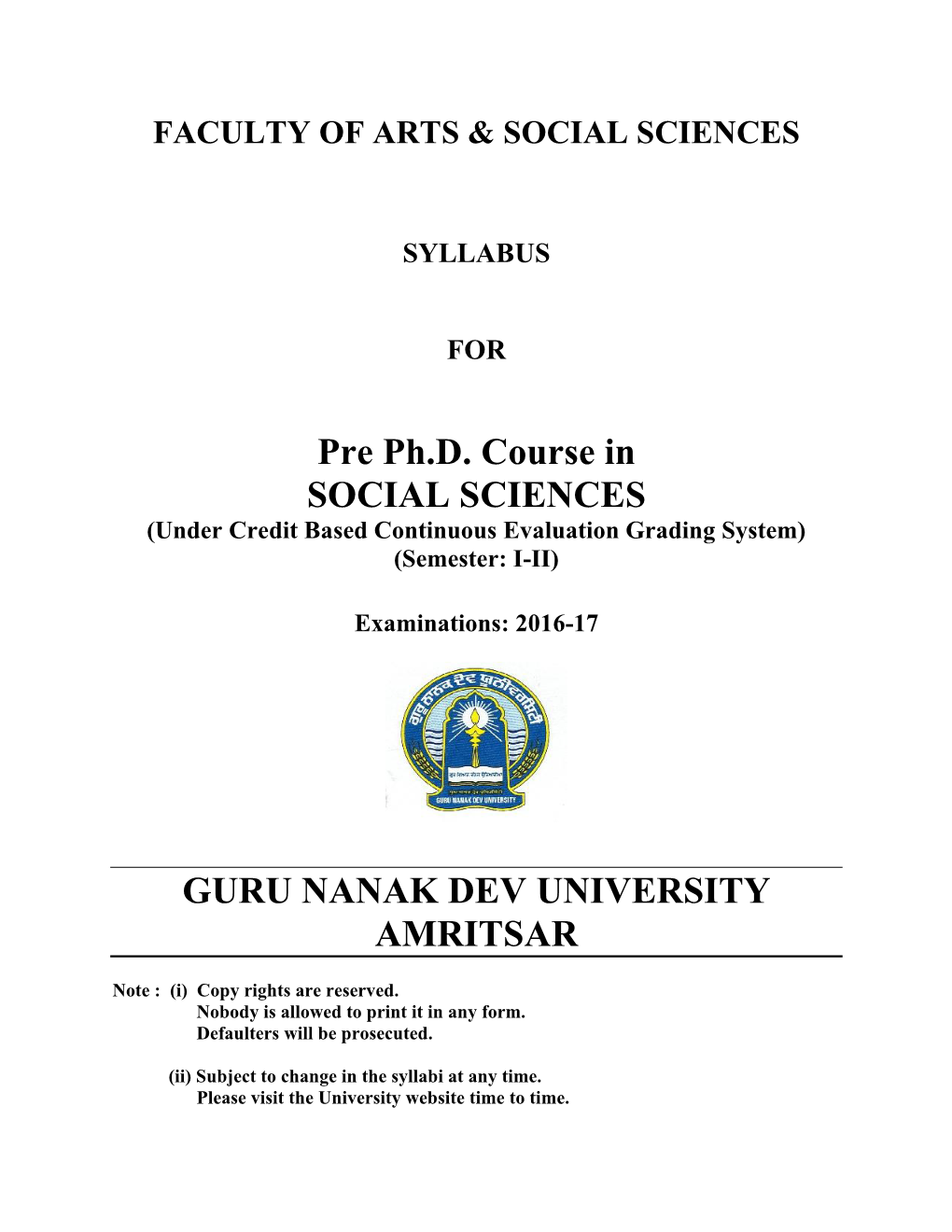 Pre Ph.D. Course in SOCIAL SCIENCES GURU NANAK DEV