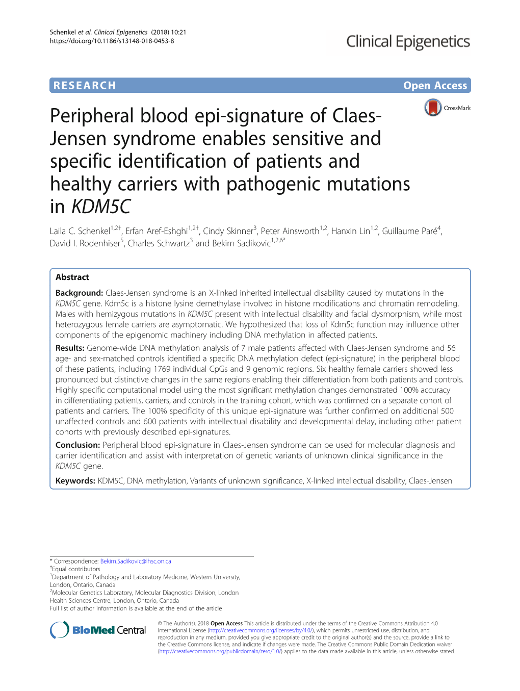 Peripheral Blood Epi-Signature of Claes-Jensen Syndrome Enables Sensitive and Specific Identification of Patients and Healthy Ca