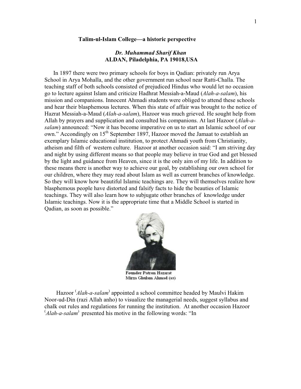 1 Talim-Ul-Islam College—A Historic Perspective Dr. Muhammad Sharif