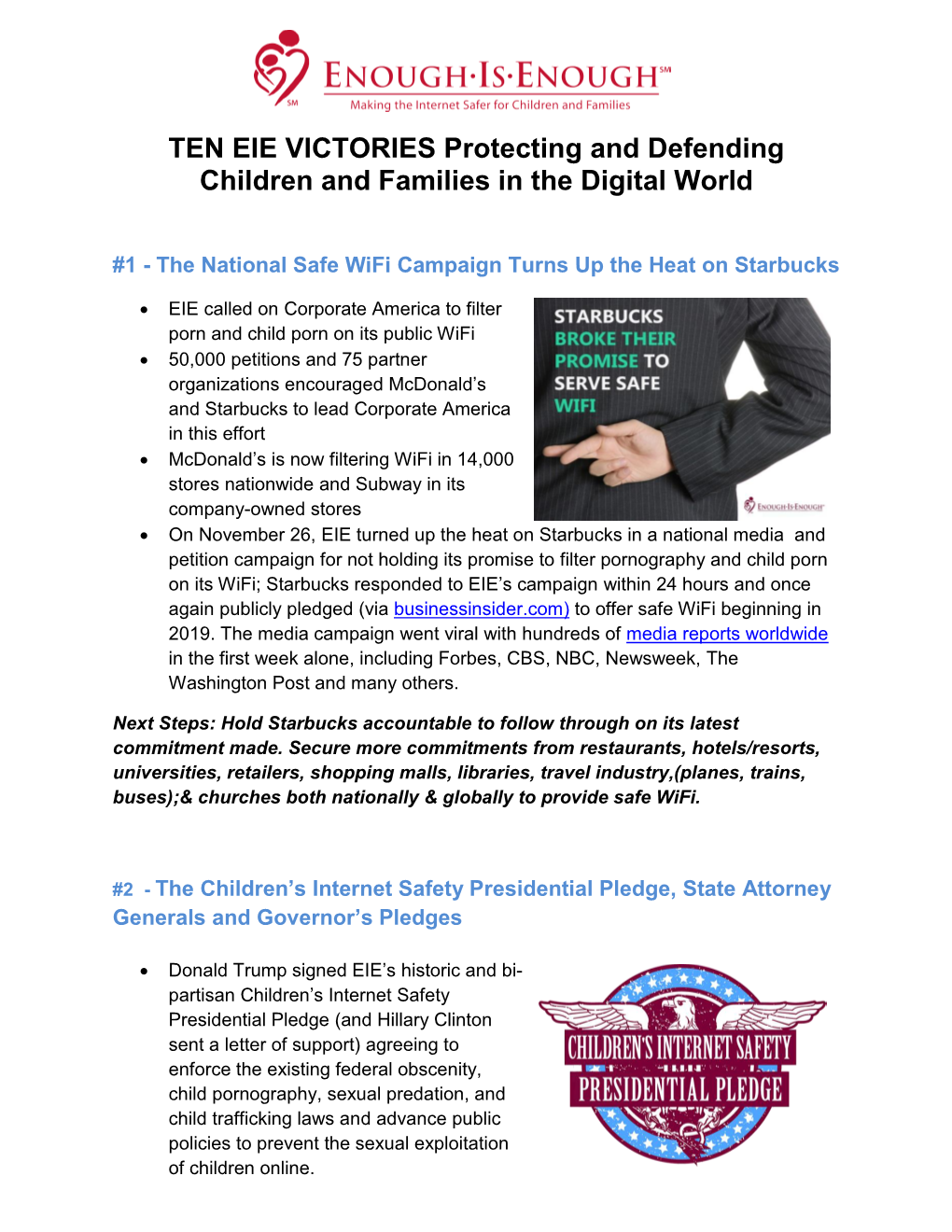 TEN EIE VICTORIES Protecting and Defending Children and Families in the Digital World