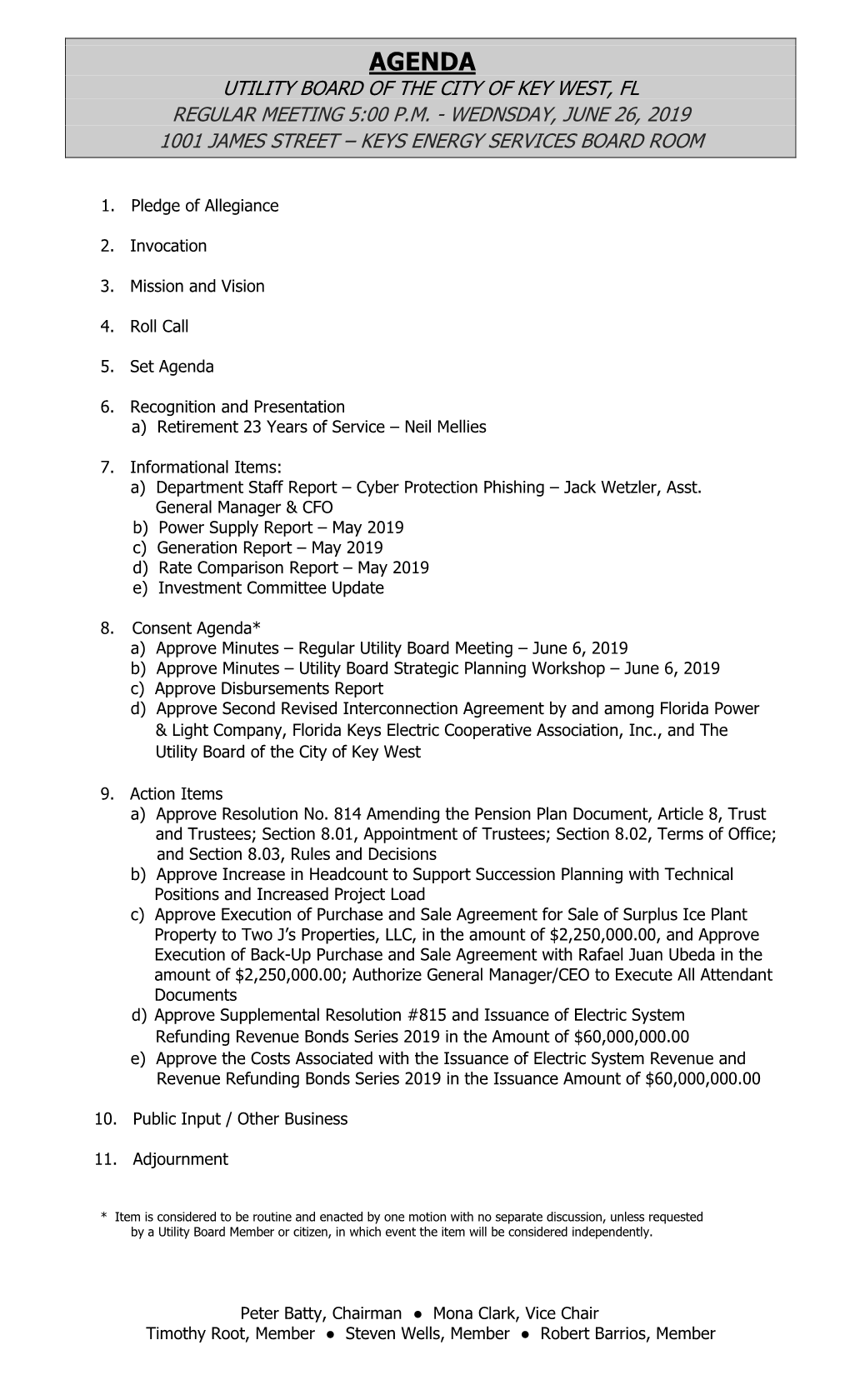 Agenda Utility Board of the City of Key West, Fl Regular Meeting 5:00 P.M