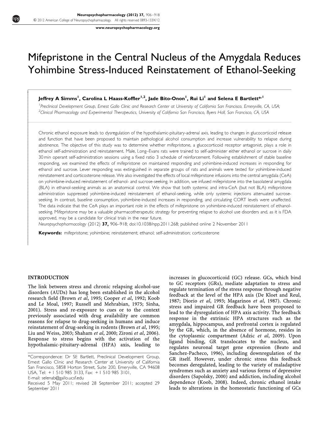 Mifepristone in the Central Nucleus of the Amygdala Reduces Yohimbine Stress-Induced Reinstatement of Ethanol-Seeking