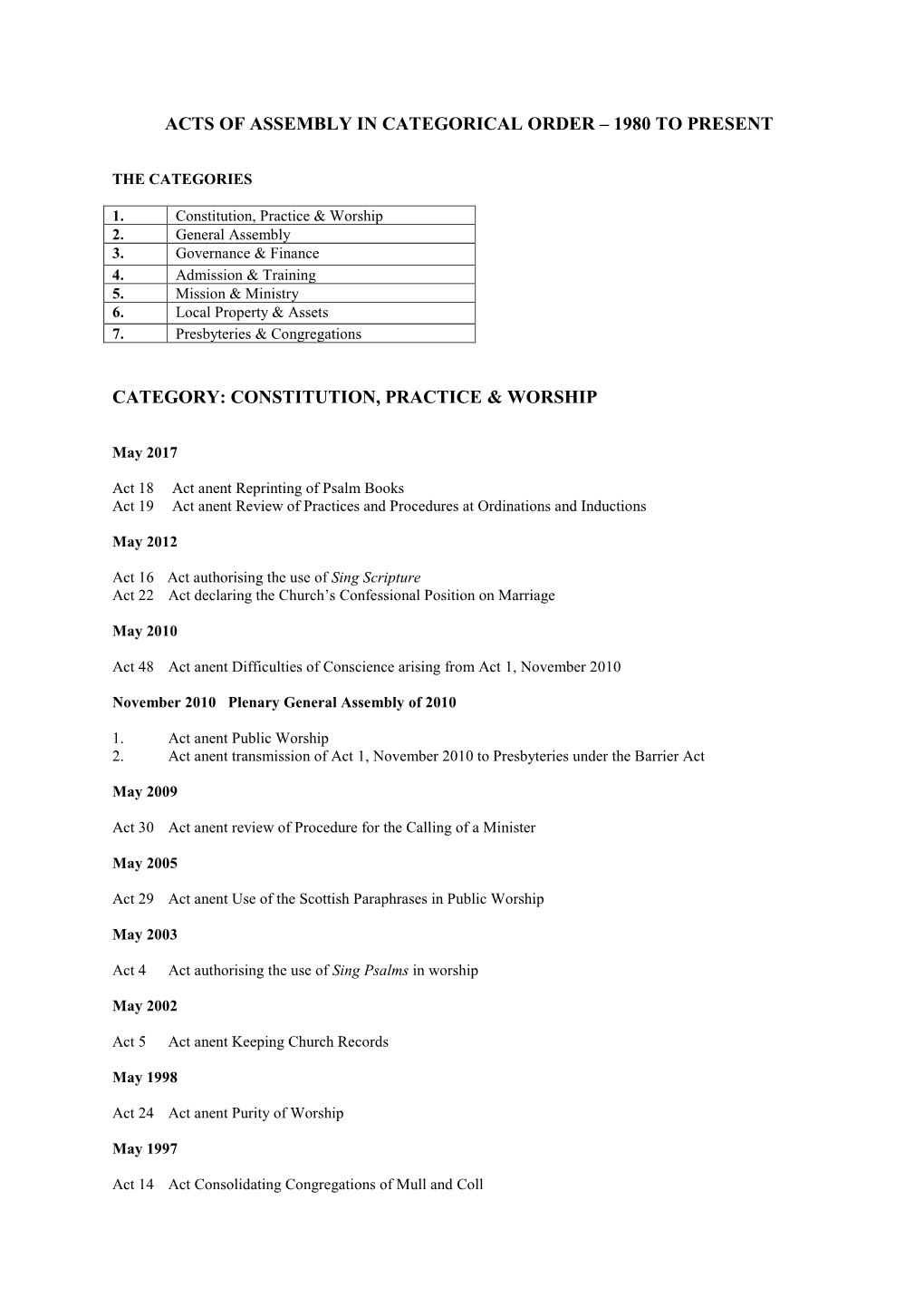 Acts of Assembly in Categorical Order – 1980 to Present