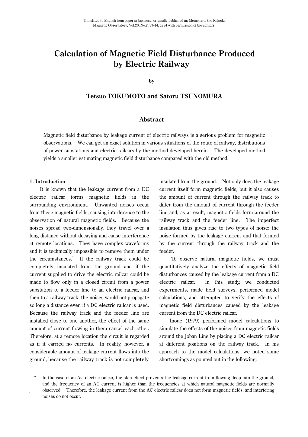 Calculation of Magnetic Field Disturbance Produced by Electric Railway