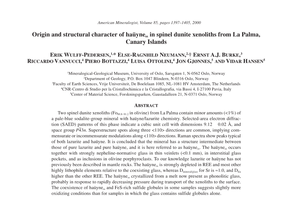 Origin and Structural Character of Haüyness in Spinel Dunite Xenoliths from La Palma, Canary Islands